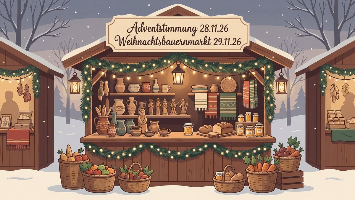 Weihnachtsmarkt mit Keramik und Lebensmitteln im Schnee