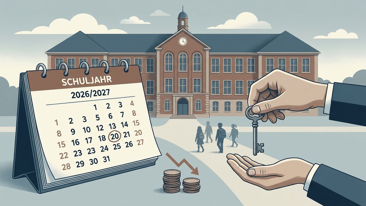Schuljahr 2026/2027 Kalender mit Schlüsselübergabe vor Schulgebäude und Münzstapel