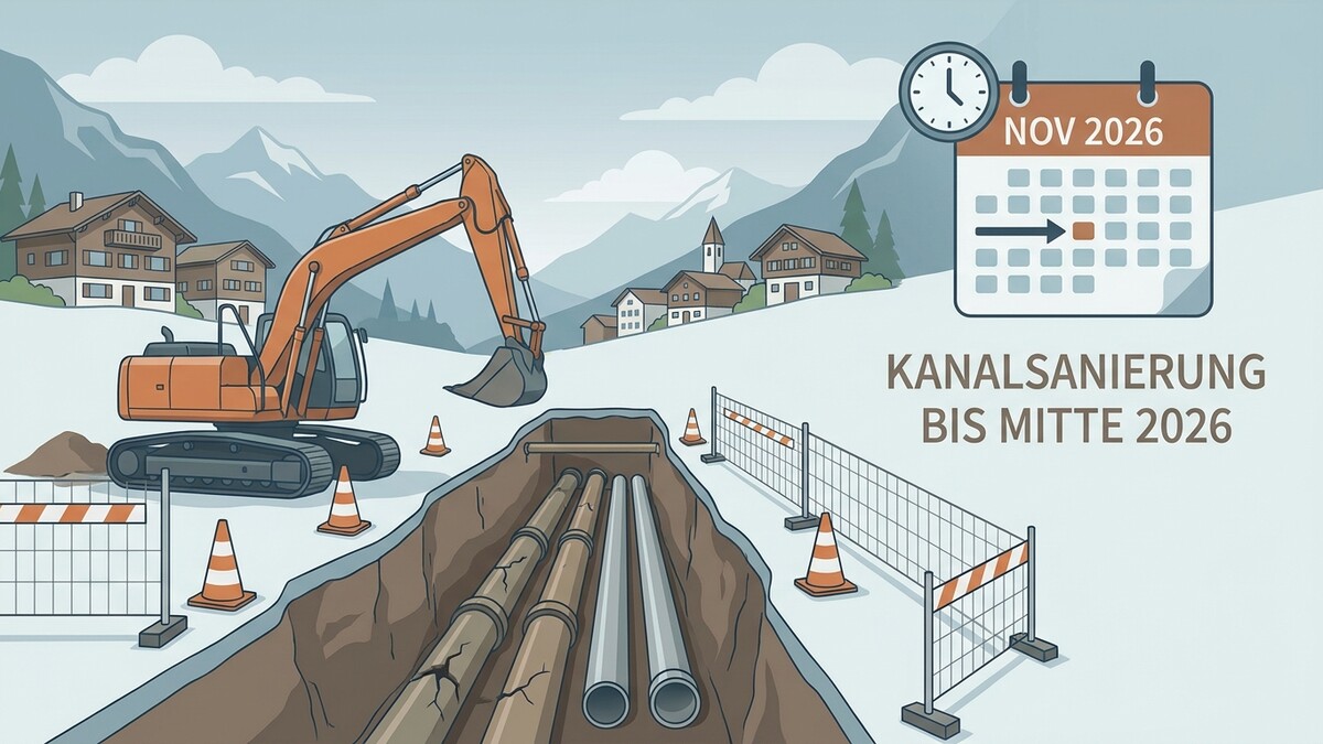 Kanalerneuerung in alpiner Ortschaft mit Bagger und Kalenderblatt November 2026