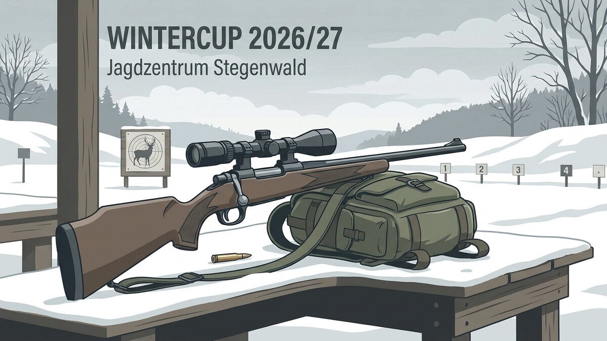 Jagdgewehr mit Zielfernrohr und Rucksack auf Tisch im Schnee, Jagdzentrum Stegenwald