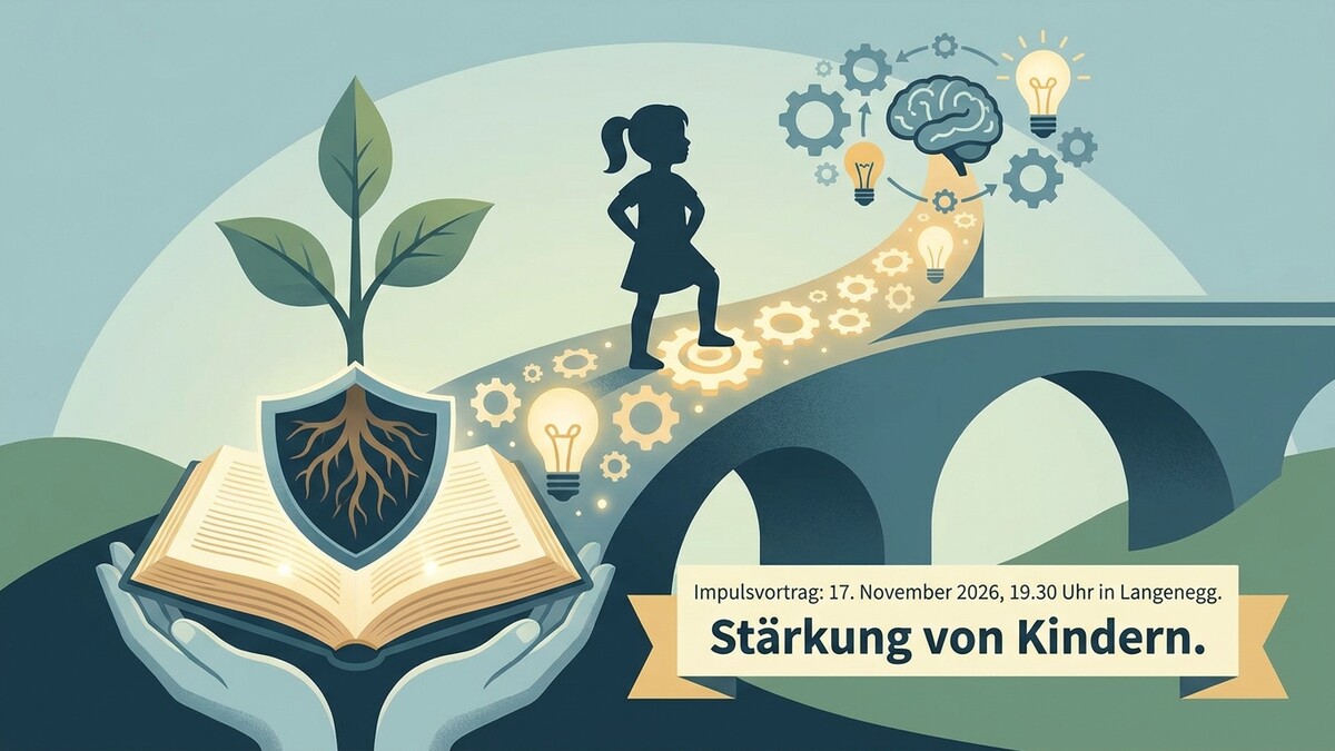 Stärkung von Kindern: Ein offenes Buch mit schützendem Schild und Wurzeln, von Händen gehalten, führt zu einem Mädchen auf einem Zahnradweg über eine Brücke zum Gehirn.