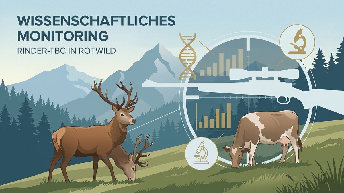 Rotwild und Rind auf Bergwiese im wissenschaftlichen Monitoring von Rinder-TBC