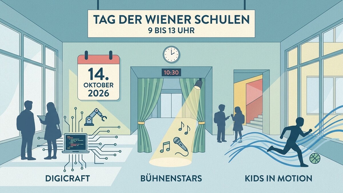 Tag der Wiener Schulen am 14. Oktober 2026 mit Bereichen für Digicraft, Bühnenstars und Kids in Motion.