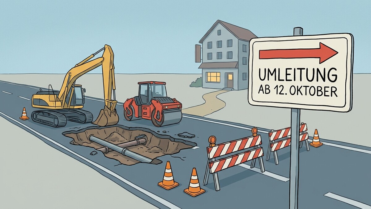 Umleitung ab 12. Oktober: Bagger und Dampfwalze bei Baustelle auf Straße