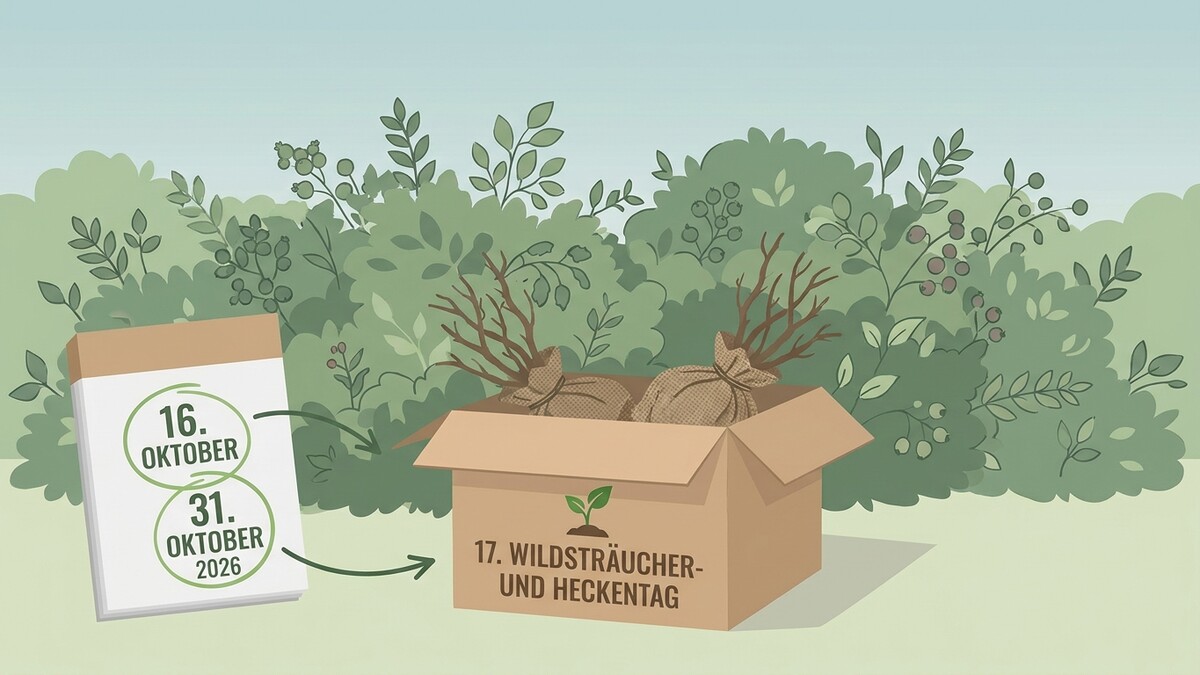 Wildsträucher und Heckentag: Karton mit Pflanzen und Kalender mit Daten 16. und 31. Oktober 2026