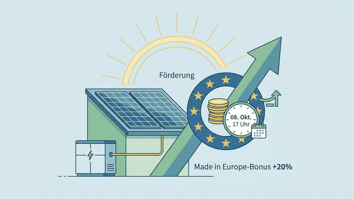Förderung für Solaranlagen mit EU-Sternenkranz, Münzen und steigendem Pfeil