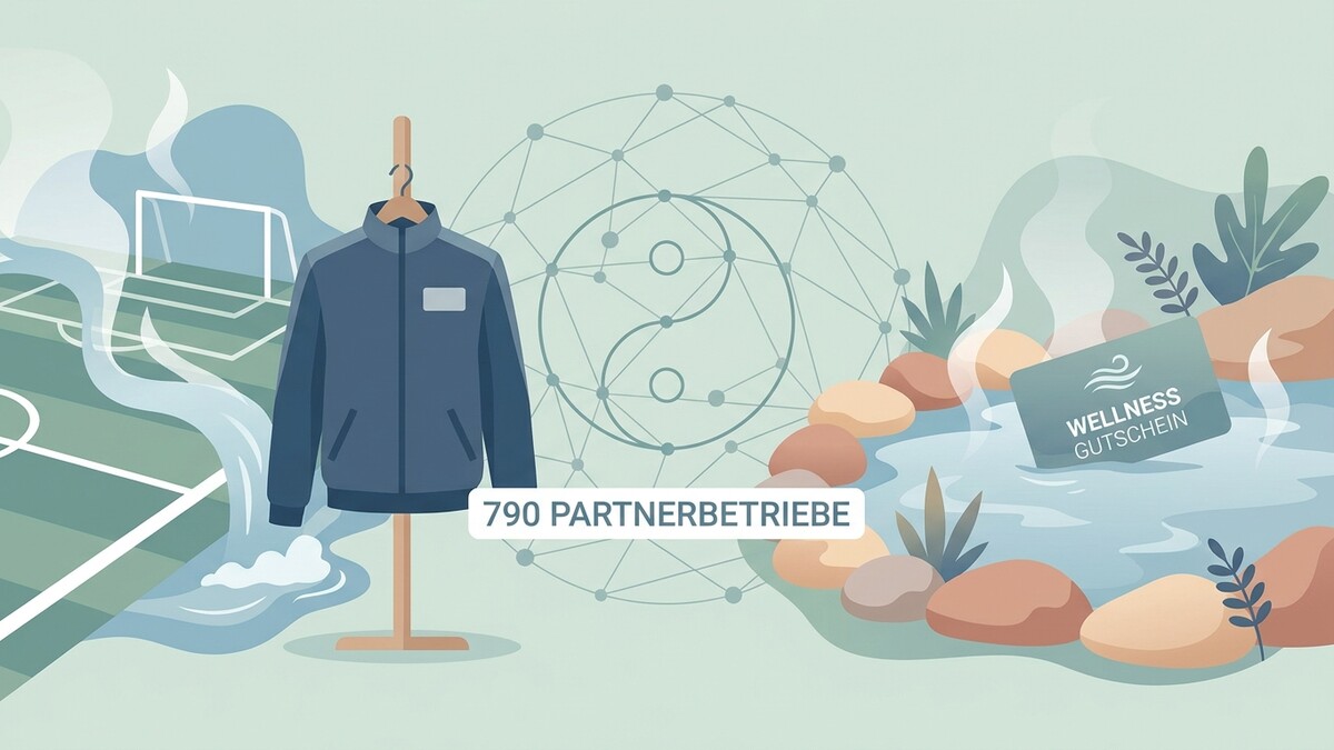 Wellness-Gutschein und Sportjacke vor Fußballfeld und Yin-Yang-Symbol