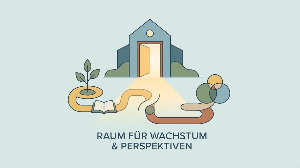 Raum für Wachstum & Perspektiven: Haus mit offener Tür, Buch, Pflanze und Kreisen