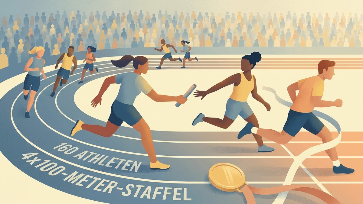 Staffellauf 4x100 Meter mit 160 Athleten auf einer Leichtathletikbahn mit Zuschauern