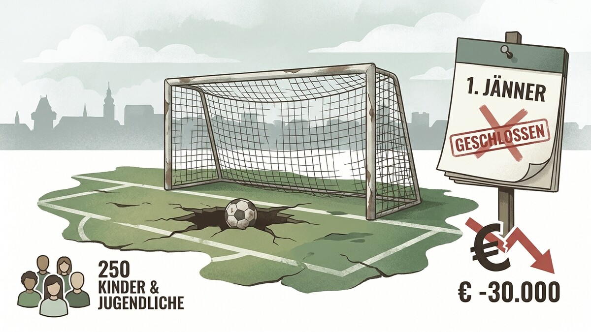 Fußballplatz mit kaputter Torstange, Ball in Erdspalte, Kalender "1. Jänner geschlossen" und €-30.000