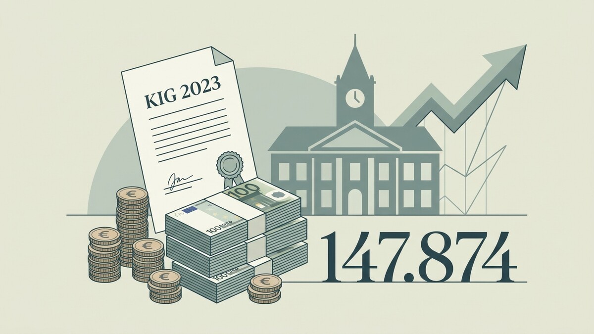 KIG 2023 Dokument mit Euro-Münzen, Geldscheinen, Gebäude und Wachstumspfeil