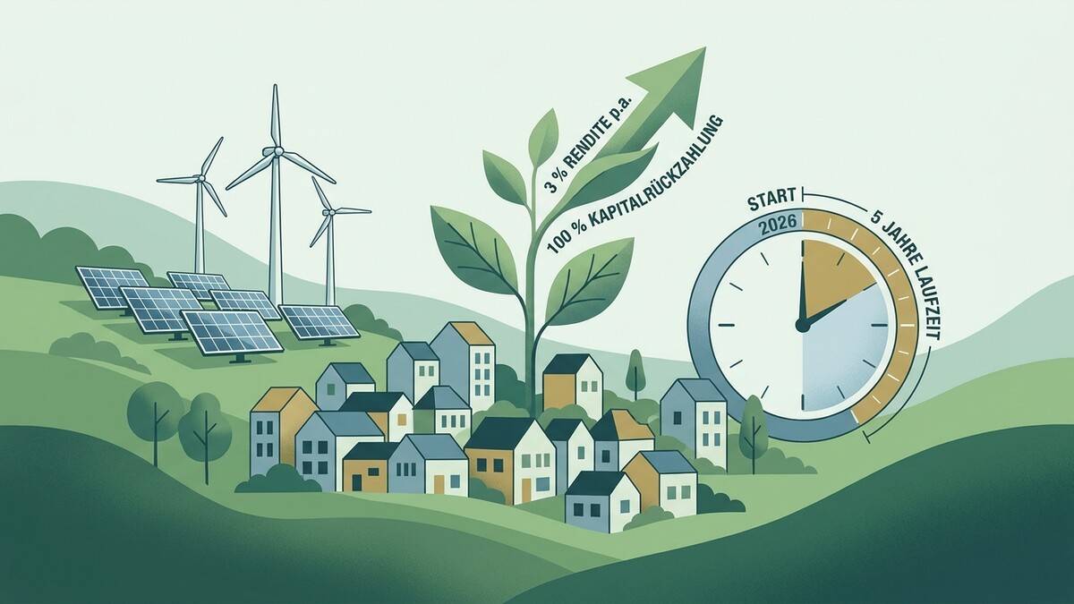 Erneuerbare Energien, Häuser, Uhr mit 5 Jahren Laufzeit und 3% Rendite