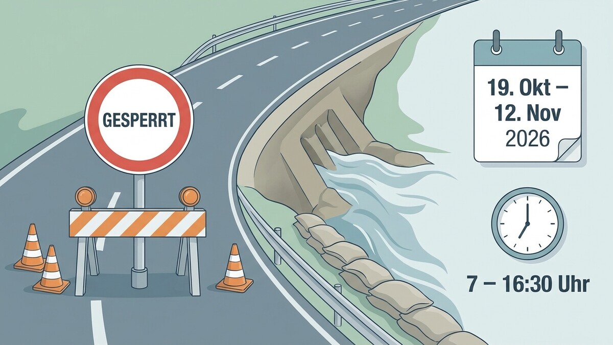 Straßensperre wegen Hochwasser: 19. Okt–12. Nov 2026, 7–16:30 Uhr