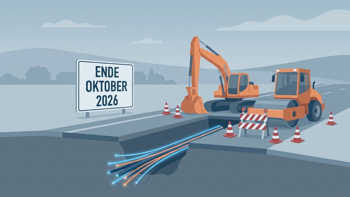 Breitbandausbau: Bagger und Walze bei Bauarbeiten mit Schild "Ende Oktober 2026"