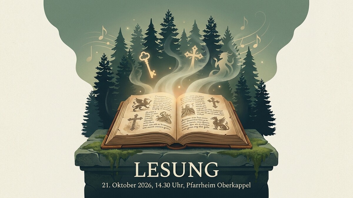 Lesung mit offenem Buch im Wald, Schlüssel und Noten über Oberkappel