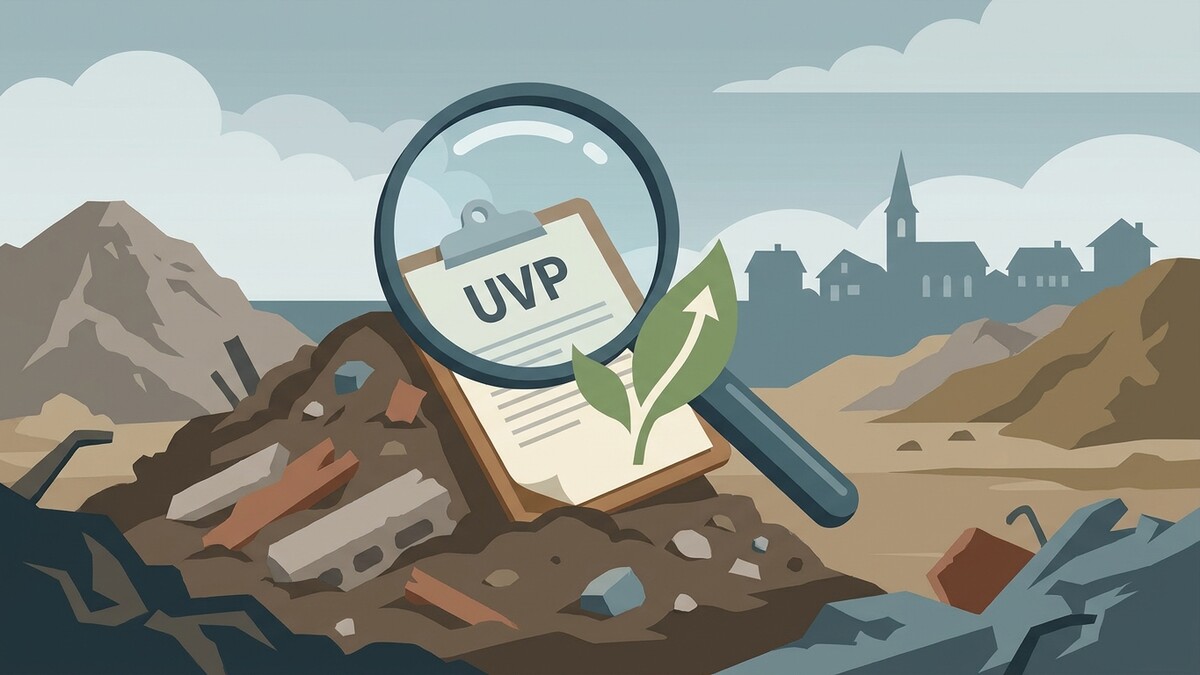 UVP-Dokument mit Lupe und Pflanze auf Müllhaufen vor Stadtkulisse