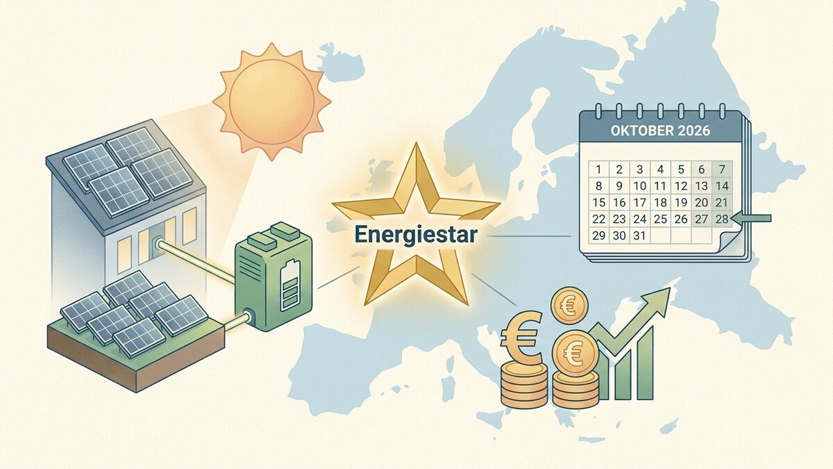 Energiesparhaus mit Solaranlage, Batteriespeicher, Stern, Kalender Oktober 2026 und Euro-Münzen vor Europakarte