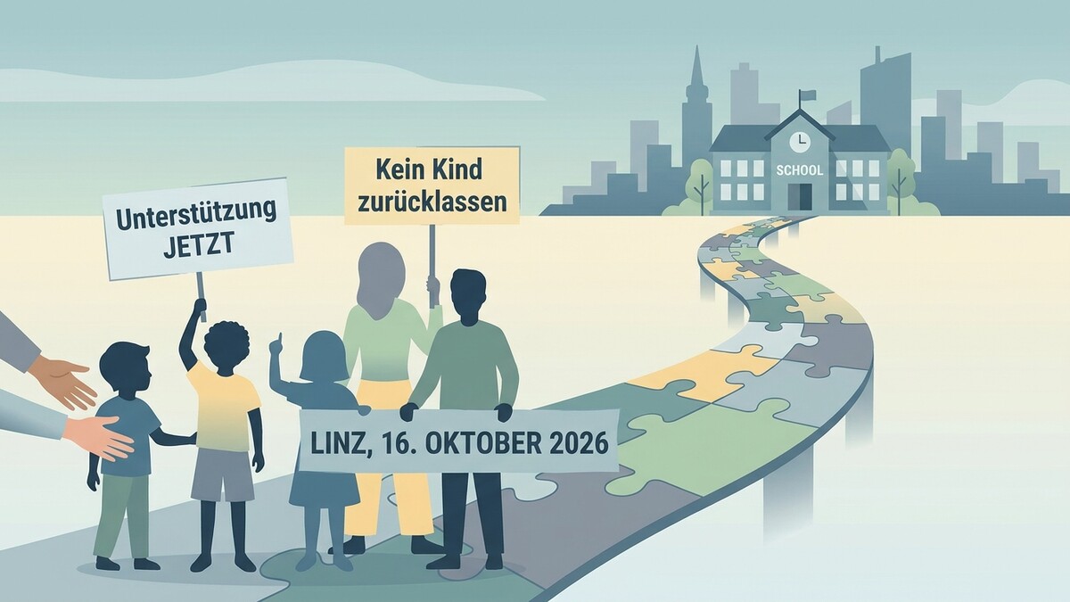 Kinder mit Schildern "Unterstützung JETZT" und "Kein Kind zurücklassen" in Linz, 16. Oktober 2026