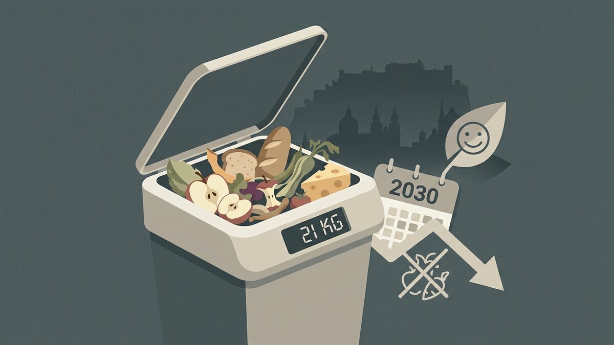Lebensmittelabfälle mit 21kg im Behälter, Kalender 2030 und Stadtpanorama