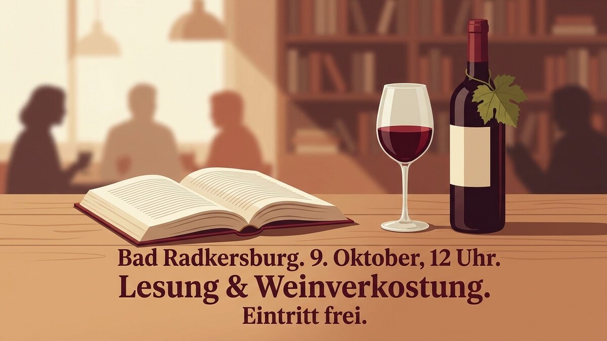 Lesung & Weinverkostung Bad Radkersburg: Offenes Buch, Weinglas und Flasche Rotwein