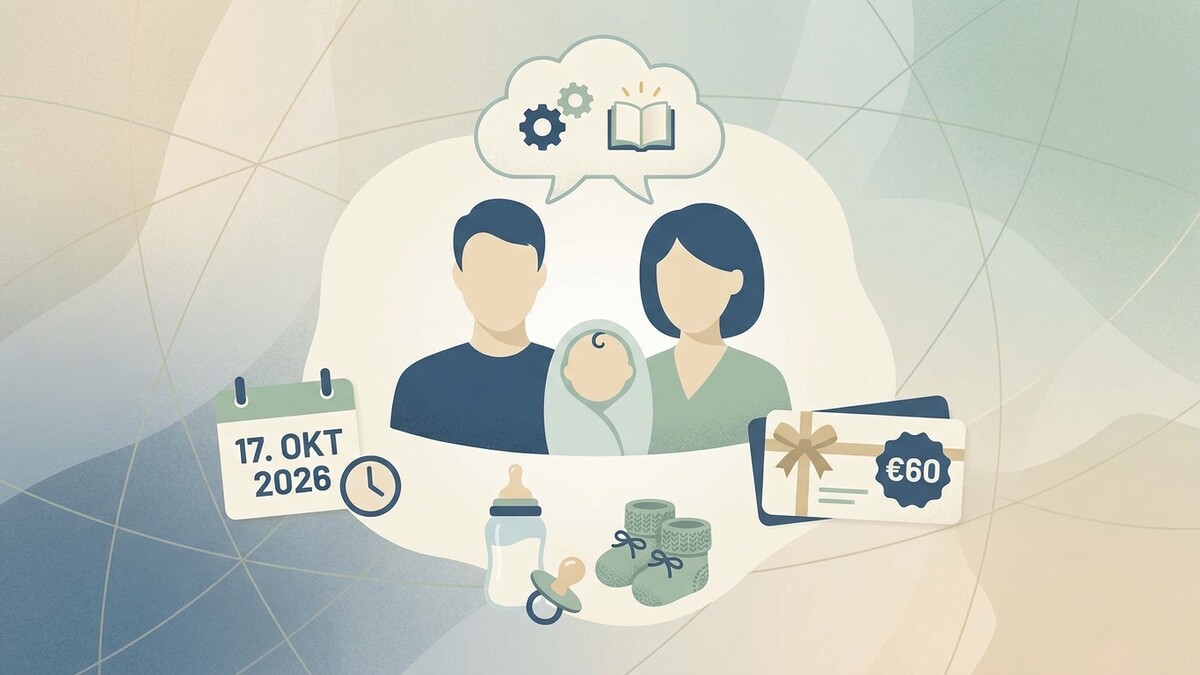 Familie mit Baby, Kalender, Gutschein, Babyutensilien und Wolke mit Zahnrädern und Buch