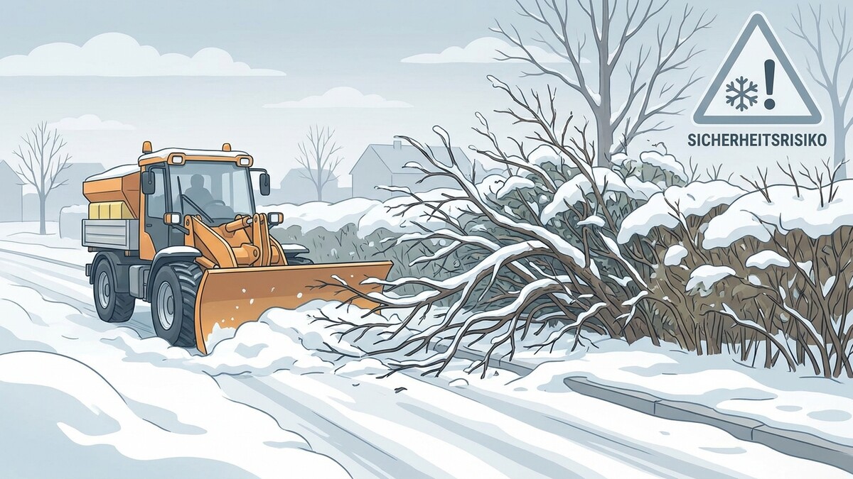 Schneepflug räumt Schnee von Straße, daneben schneebedeckte Büsche und ein Warnschild mit Schneeflocke.