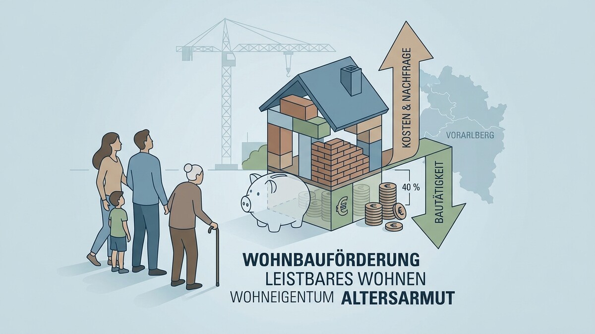 Wohnbauförderung: Familie und Seniorin blicken auf Hausbau mit Bausparer und Münzen in Vorarlberg.