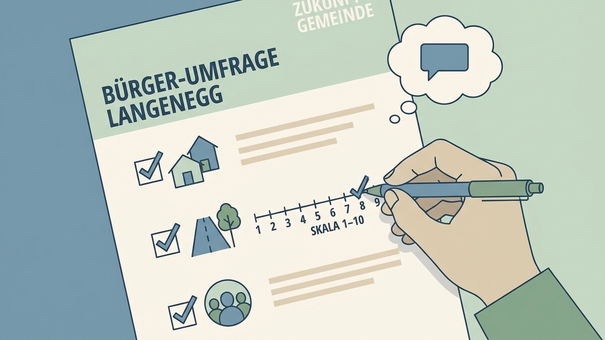 Bürgerumfrage Langenegg: Hand füllt Skala aus, Häuser, Straße, Menschen, Sprechblase