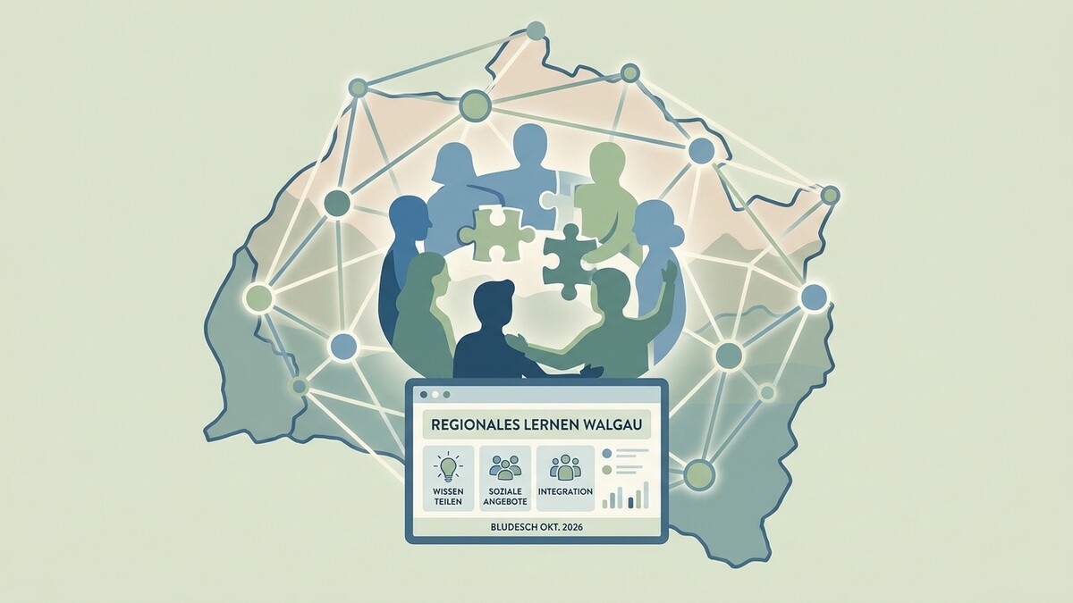 Regionales Lernen Walgau: Menschen im Kreis mit Puzzleteilen und Netzwerk über Landkarte