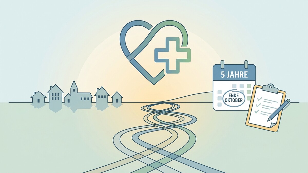 Gesundheitssymbol mit Herz und Kreuz, Kalender „5 Jahre Ende Oktober" und Checkliste
