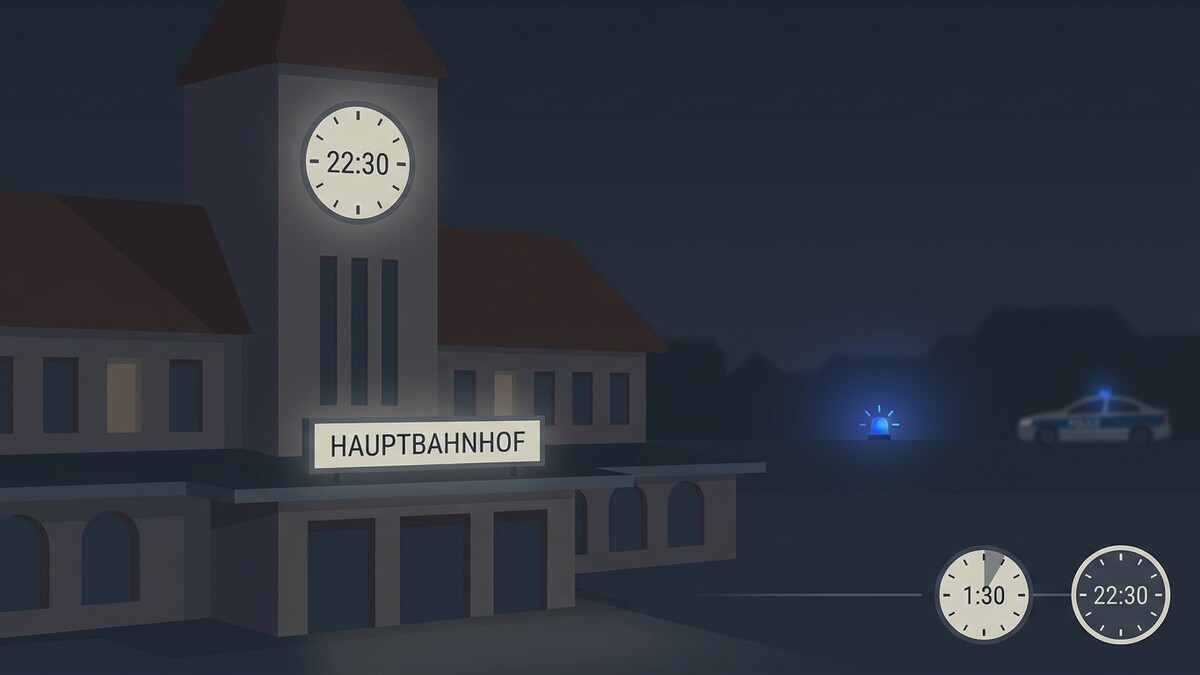 Hauptbahnhof bei Nacht mit Polizeiauto und Blaulicht, Uhr zeigt 22:30 Uhr.