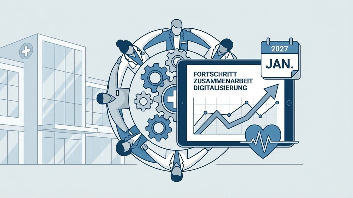 Fortschritt Digitalisierung: Ärzte und Zahnärzte im Kreis, Zahnräder, Tablet mit Grafik, Kalenderblatt Jan. 2027, Herzschlag.