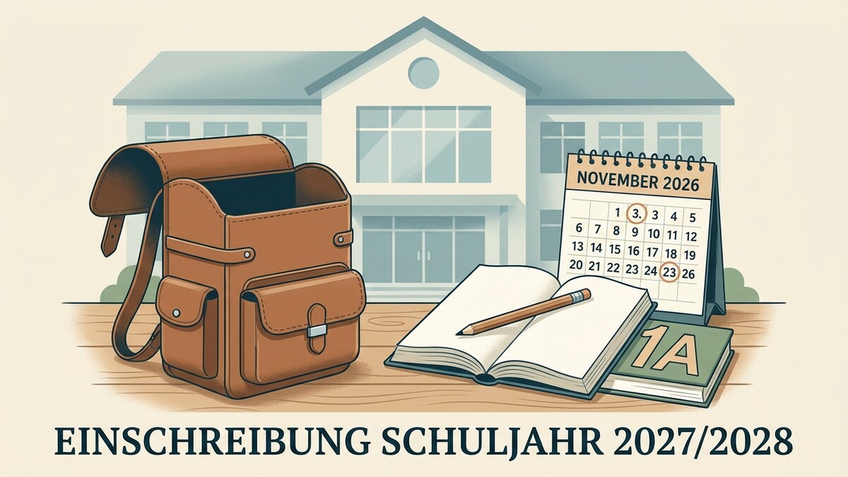 Einschreibung Schuljahr 2027/2028 mit Schultasche, Kalender und Büchern vor Schule