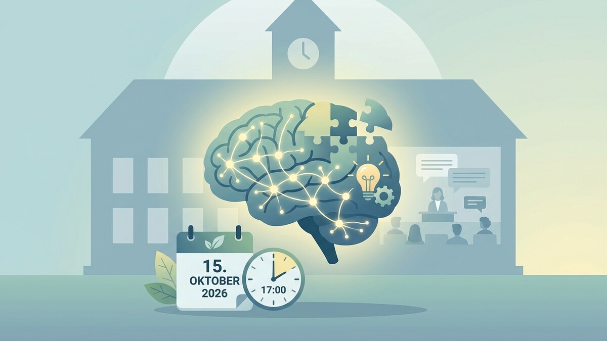 Gehirn-Illustration mit Kalender und Uhr vor Schulgebäude-Silhouette