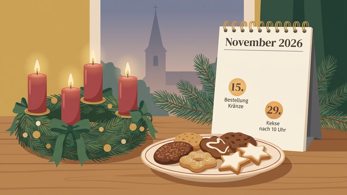 Adventkranz mit vier roten Kerzen und Keksteller vor Kalender November 2026 mit Kirchturm