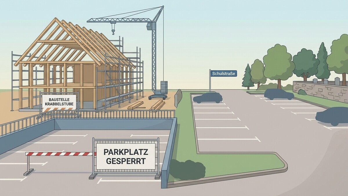 Baustelle einer "Krablstube" mit Kran und versperrtem Parkplatz an der Schulstraße