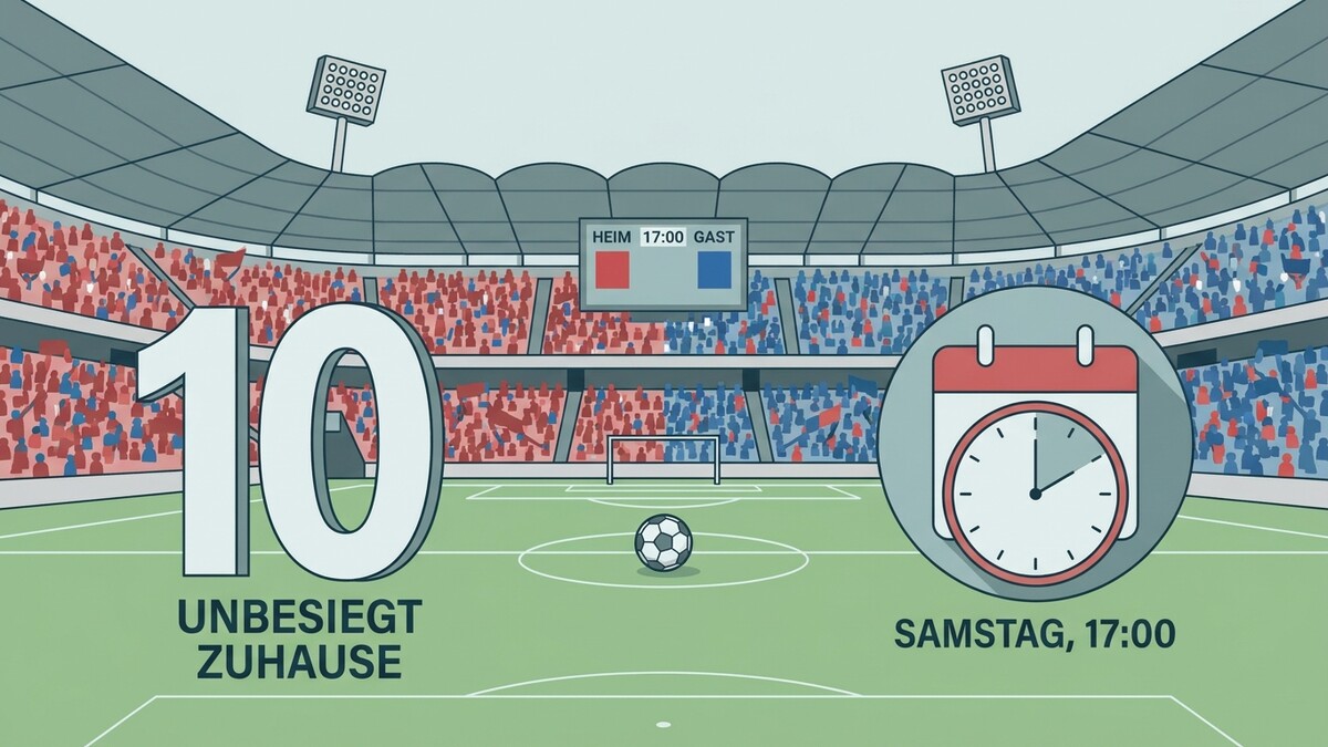 Fußballstadion mit Anzeigetafel, Tor, Ball, Kalender-Symbol und der Zahl 10, die "Unbesiegt Zuhause" bedeutet, Samstag 17:00