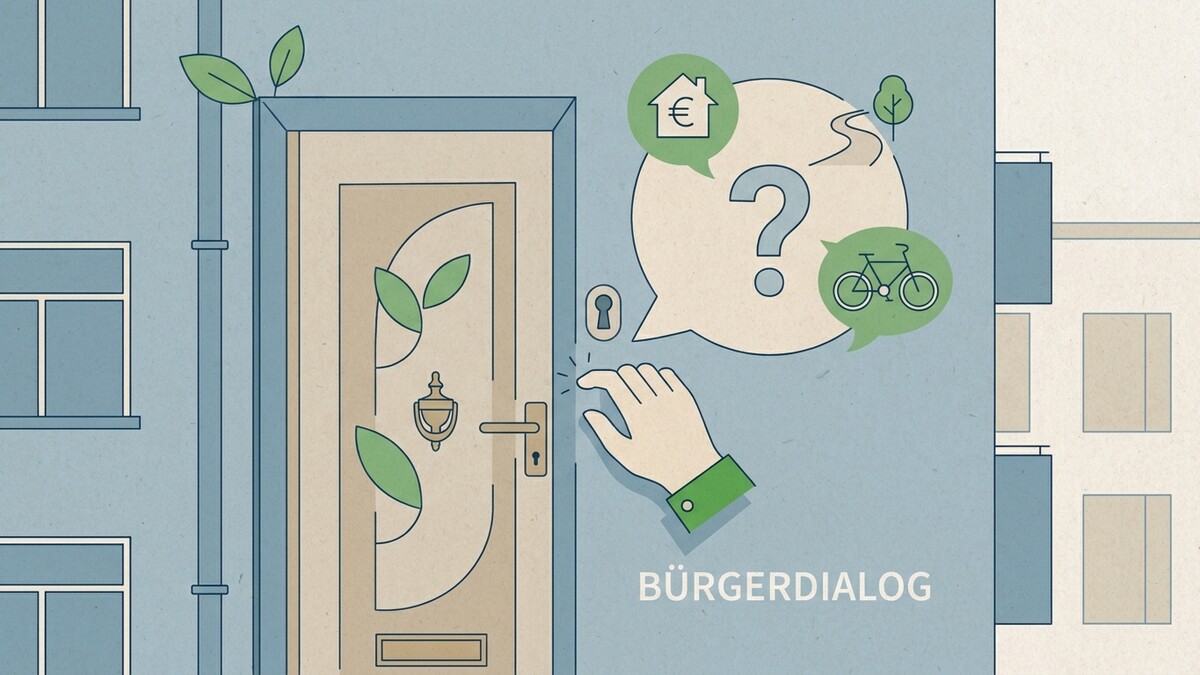 Bürgerdialog: Hand läutet an Tür mit Fragezeichen, Haus, Fahrrad und Euro-Symbol
