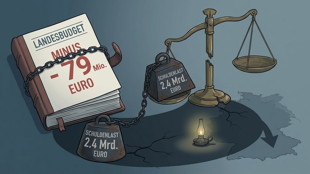 Landesbudget mit Minus 79 Mio. Euro, Schuldenlast 2,4 Mrd. Euro, Waage, Lampe