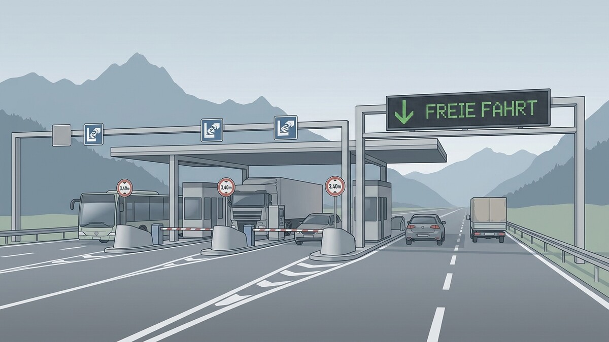 Mautstelle mit Fahrzeugen und Schild "Freie Fahrt" in Berglandschaft
