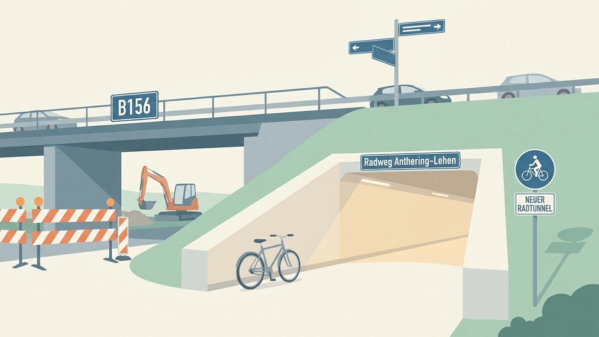 Radweg Anthering-Lehen mit neuem Radtunnel, B156, Bagger und Absperrungen