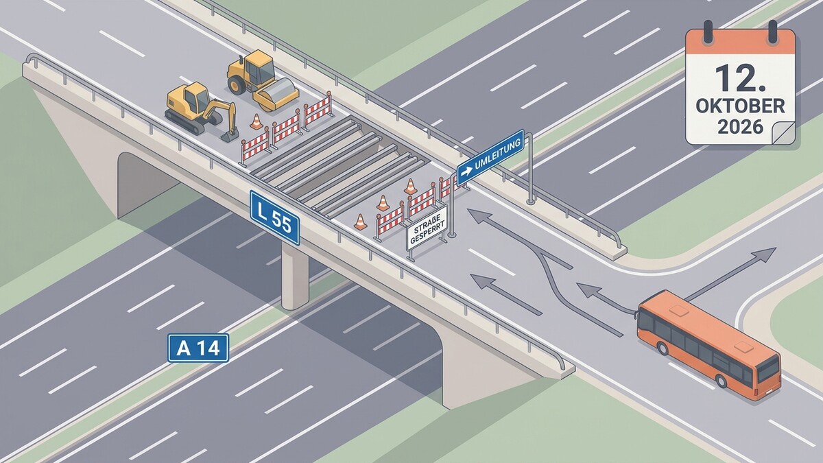 Straßensperre L55 und A14 mit Umleitung und Baustelle am 12. Oktober 2026