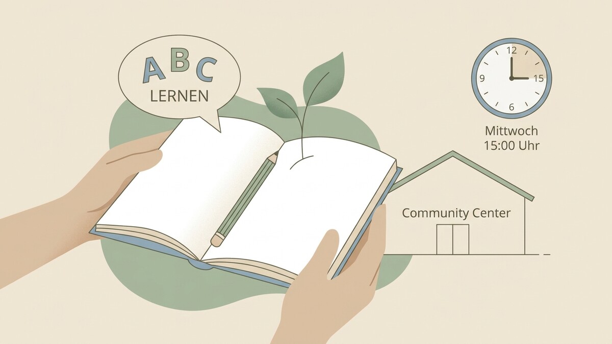 Lernen im Community Center: Mittwoch 15 Uhr, offenes Buch mit Stift und Pflanze, Uhr