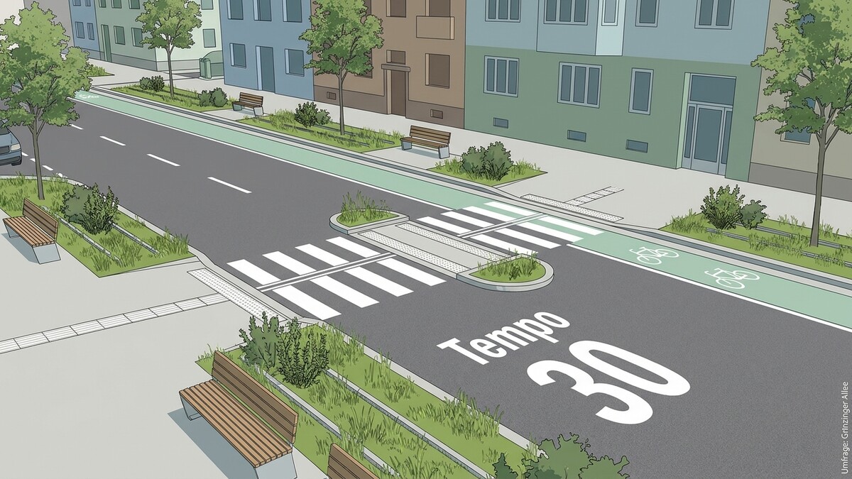 Tempo 30 Zone mit Zebrastreifen und Radweg in Wien, Grinzinger Allee
