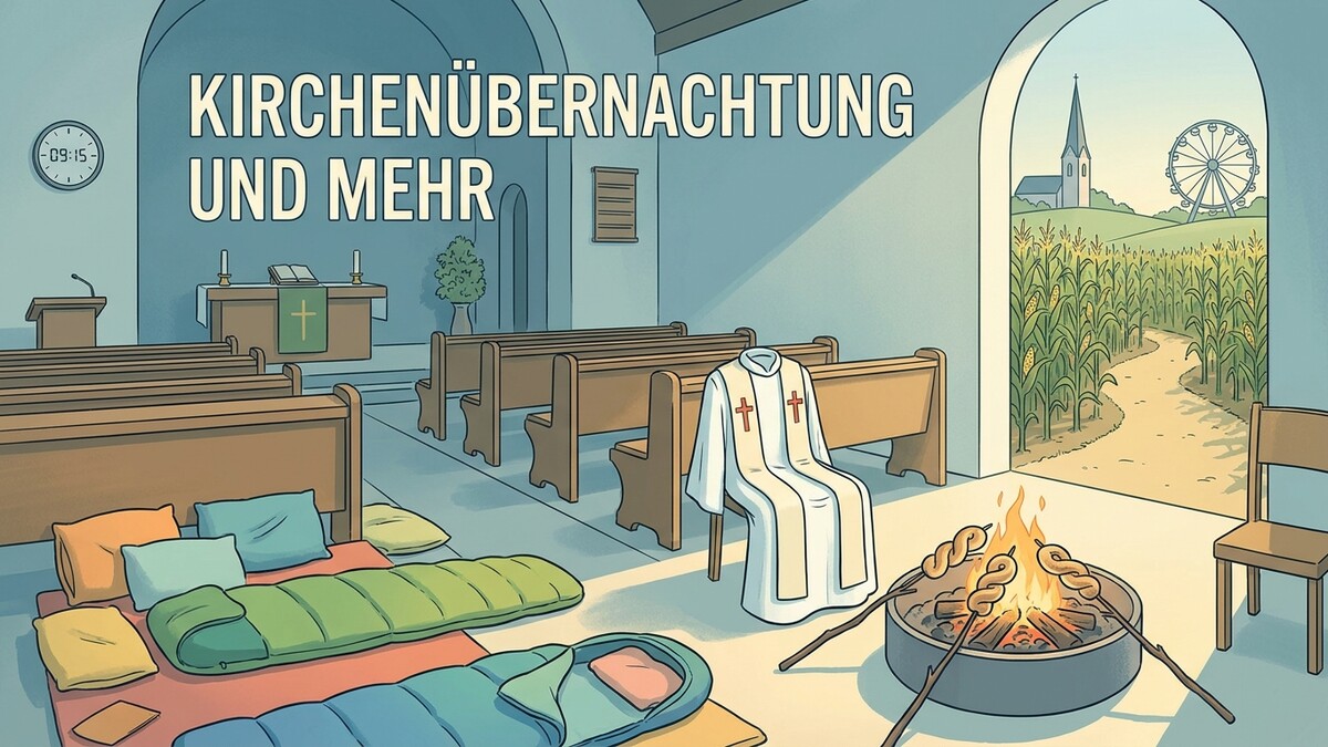 Kirchenübernachtung mit Lagerfeuer und Maisfeld mit Kirchturm und Riesenrad