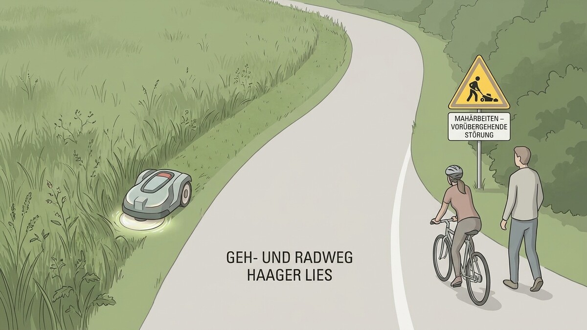 Rasenroboter am Geh- und Radweg Haager Lies mit Warnschild und Radfahrerin