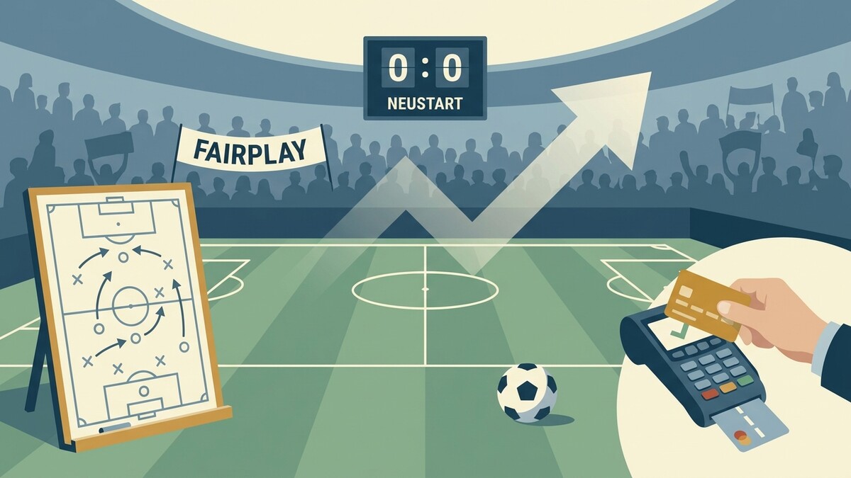 Fußballspiel mit Taktiktafel, Fairplay-Fahne, Anzeigetafel, steigendem Pfeil und Kartenzahlung