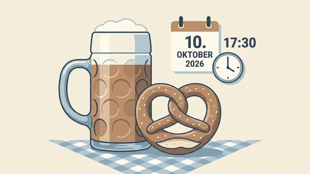 Oktoberfest-Termin am 10. Oktober 2026 um 17:30 mit Bierkrug und Brezel