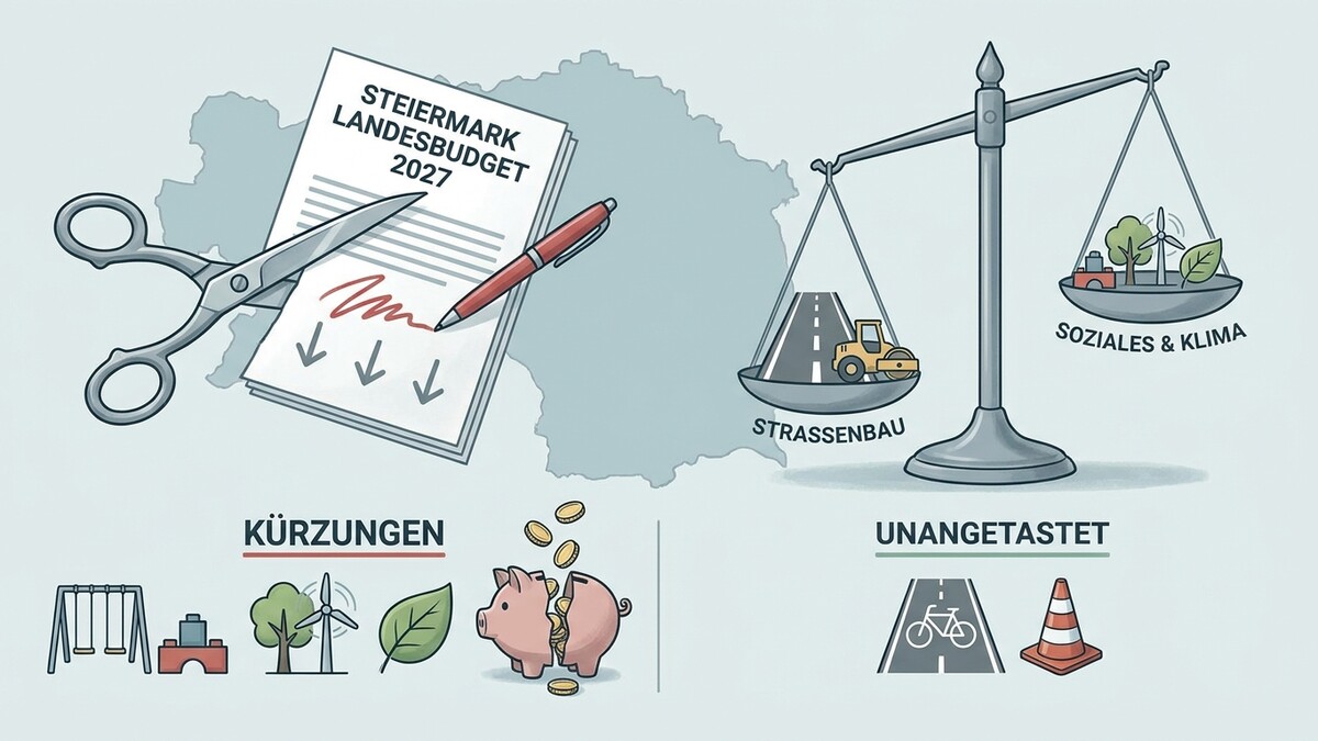 Steiermark Landesbudget 2027: Schere, Stift und Waage mit Straßenbau, Soziales & Klima, Kürzungen und Unangetastetes