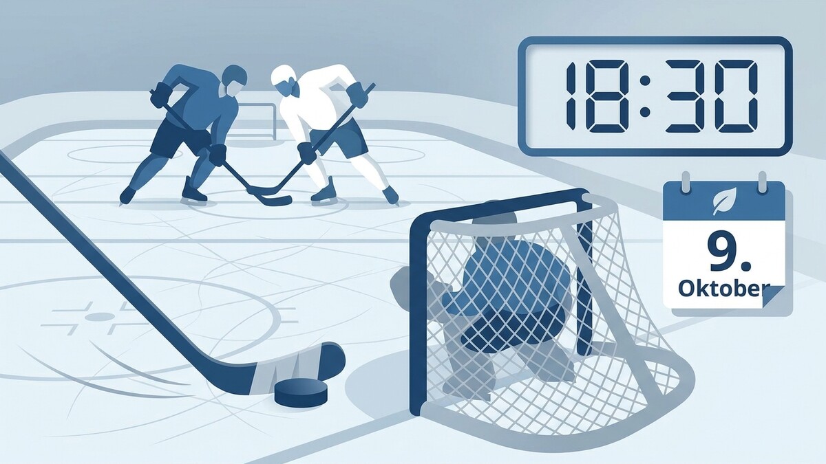 Eishockey-Spieler am 9. Oktober um 18:30 Uhr mit Tor und Puck.